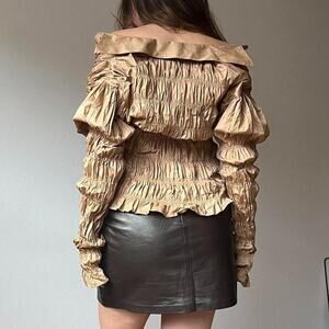 90s tan ruched button down blouse